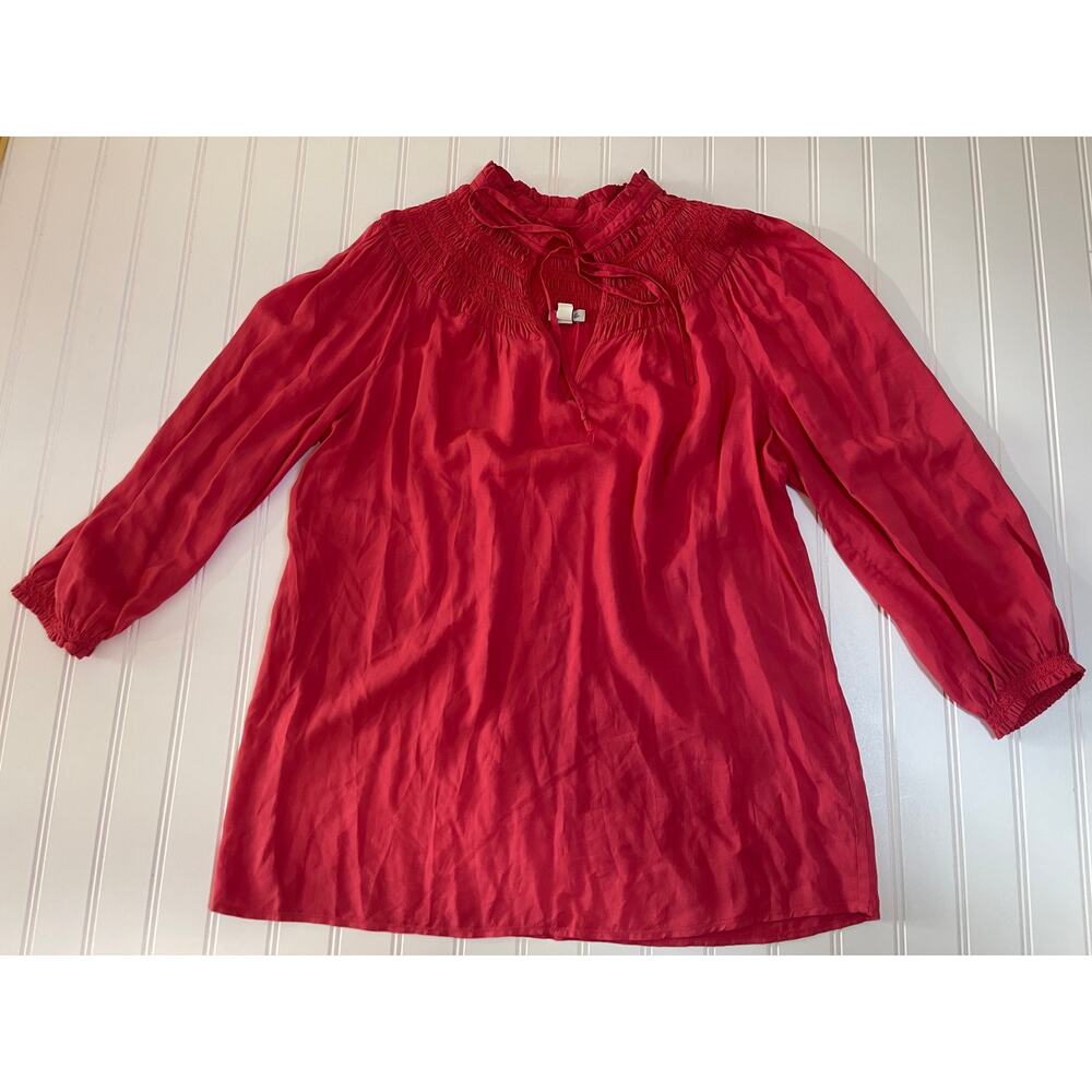 Odille Anthropologie Baroque Peasant Top Tie Front Smocked Blouse Coral - Size 8